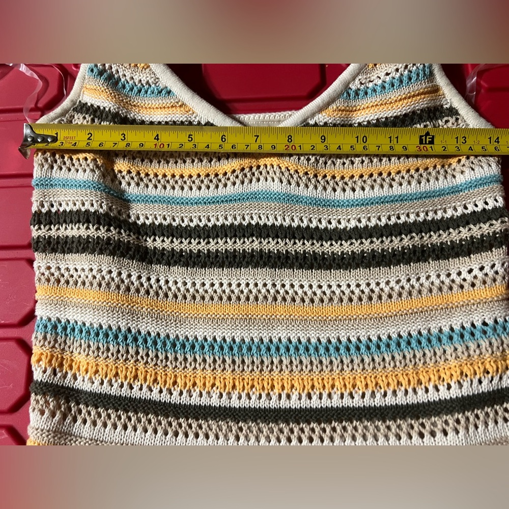Womens Multi Color Striped Crochet Knit Midi Dress Fringe Hem V-Neck M Festival - Picture 2 of 8